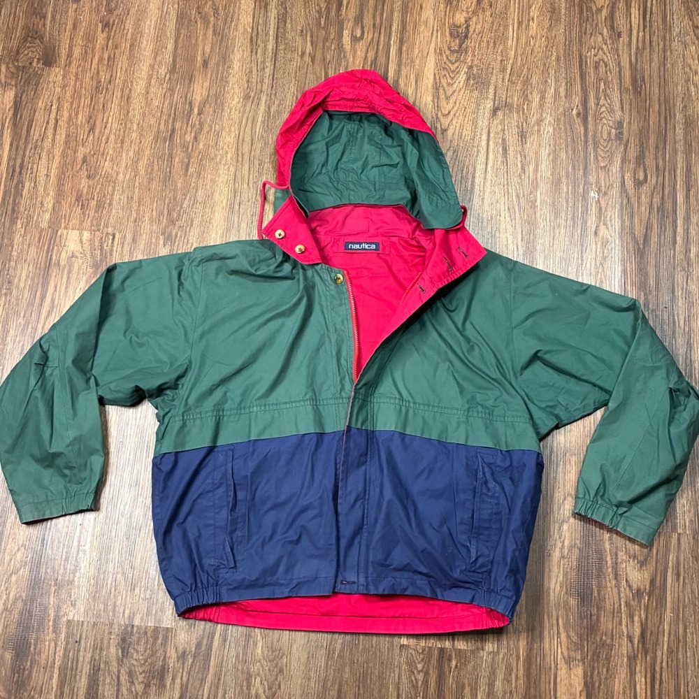 Nautica Reversible Hooded Jacket Mens Large Green Navy Red Vintage 90s Excellent